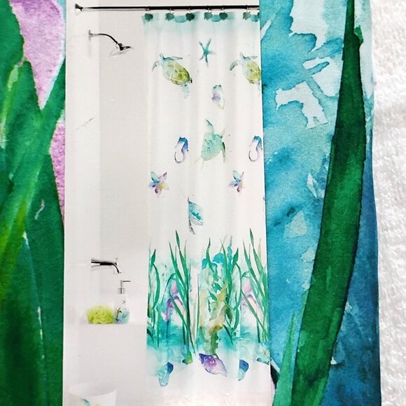 New! Mainstays Fabric Shower Curtain Watercolor OCEAN Life 70" x 72" Sealife - Picture 2 of 3